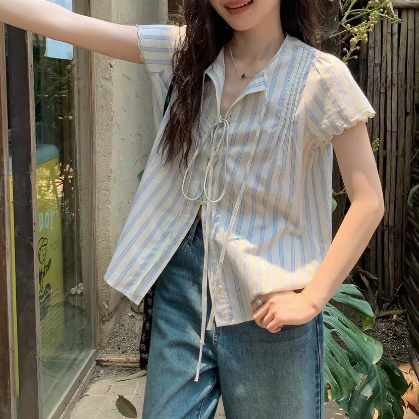 셔틀 제직 한 부서 스트라이프 반팔 셔츠 여름 레이스 소매 레이스업 셔츠 루즈핏 캐주얼