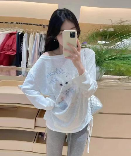 부서 느긋한 바람 고양이 프린트 자외선 차단 블라우스 긴팔 티셔츠 여성 여름 핫걸 디자인 센스 루즈핏 슬림해 보이는 맨위