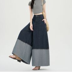 批发美式复古拼接<b class='q'>牛仔裤</b>子女新款宽松廓形剪裁<b class='q'>九分</b>阔腿裙裤