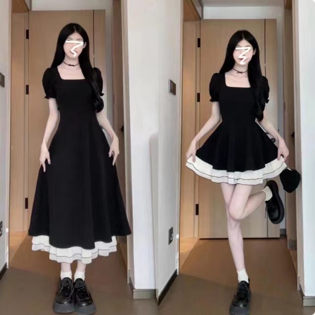 지퍼 네리 배색 반팔 치마 작은 검은 드레스 슬림해 보이는 중간 길이 드레스 2026 새로운 길다 치마