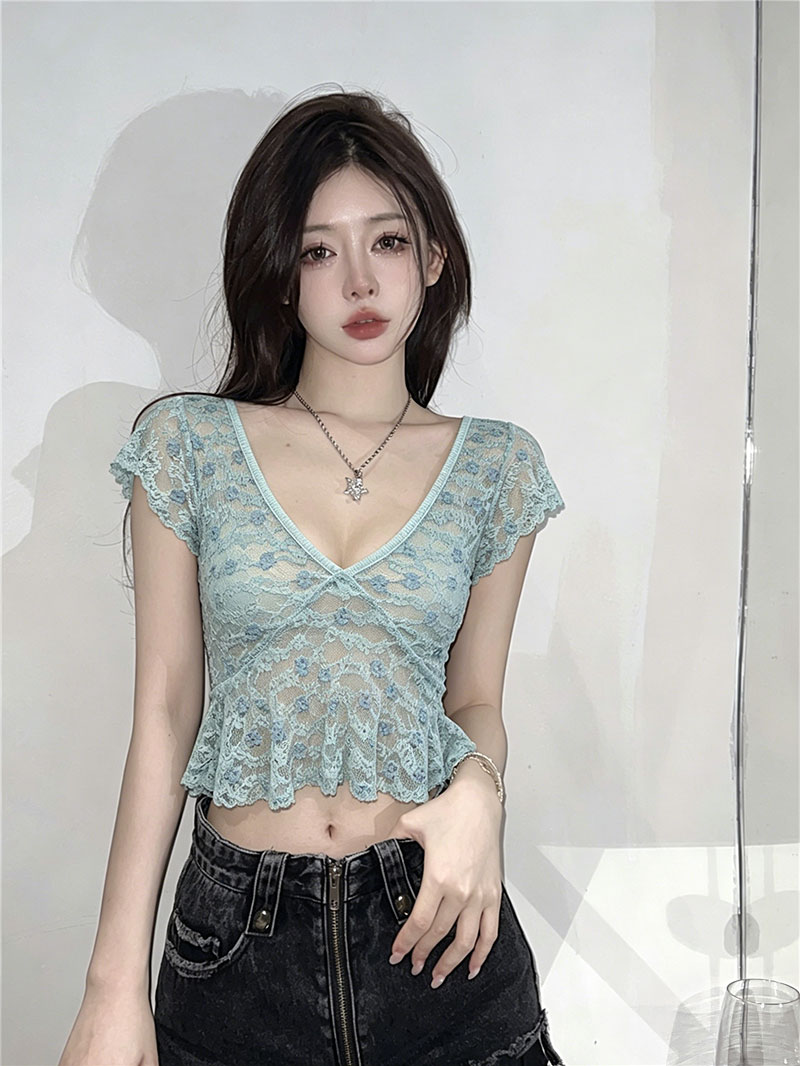 프랑스식 부드러운 바람 슈퍼 잘 생긴 V넥 Feifei 소매 쇼트 스타일 티셔츠 여성 여름 핫걸 섹시함 레이스 작은 맨위
