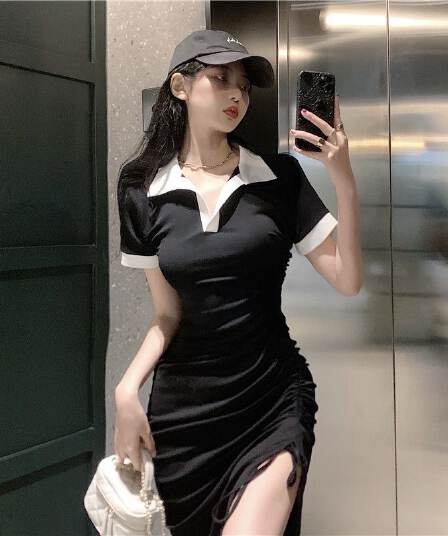 2026 여름 한국 스타일 polo 여성 드레스 순수한 욕망 핫걸 몸매 가꾸기 타이트 스커트 펌프 로프 연령 감소 트임 중간 길이 스커트