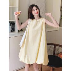 批发奶黄色无袖背心花苞<b class='q'>连衣裙</b>女夏季新款小个子甜美度假风蓬蓬短裙子
