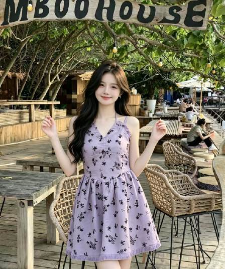 연령 감소 부드러운 바람 여성 드레스 여름 보라색 꽃무늬 허리 수축 슬림해 보이는 품격 다용도 행침 목 v 칼라 쇼트 스타일 치마