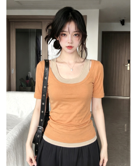 한 부서 사실 두 조각 u 칼라 반팔 티셔츠 여성 여름 몸매 가꾸기 슬림해 보이는 도파민 착용 가져 가라. 캐미솔 세트 맨위