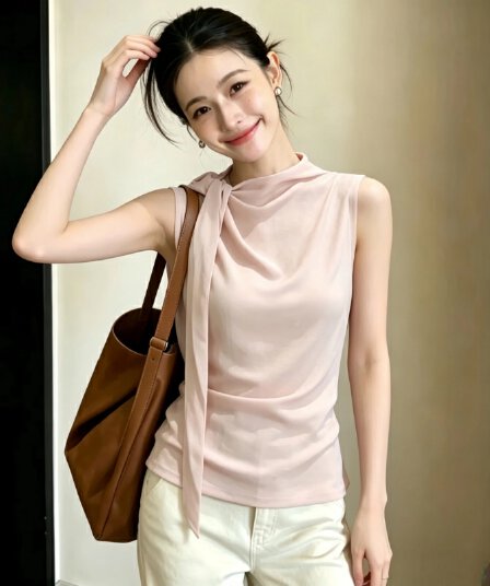 빛 분말 리본 흔들다 칼라 민소매 조끼 여성 여름 도루 센스 주름 허리 수축 슬림해 보이는 빛 럭셔리 직업 필드 내부 가져 가라. 품격 맨위