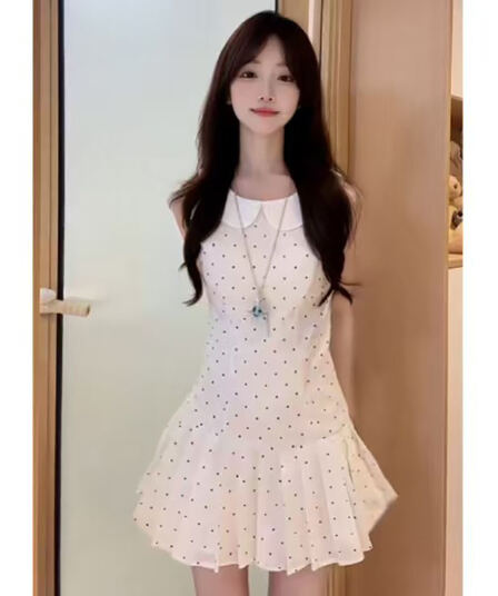 화이트 베이비 칼라 도트 무늬 민소매 드레스 프랑스식 첫사랑 달콤함 2026 섹션 신제품 소녀 작은 키 미니 스커트