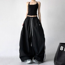 批发超密塔丝隆新款<b class='q'>街头</b>休闲风阔腿裤女宽松侧边条纹松紧腰长裤