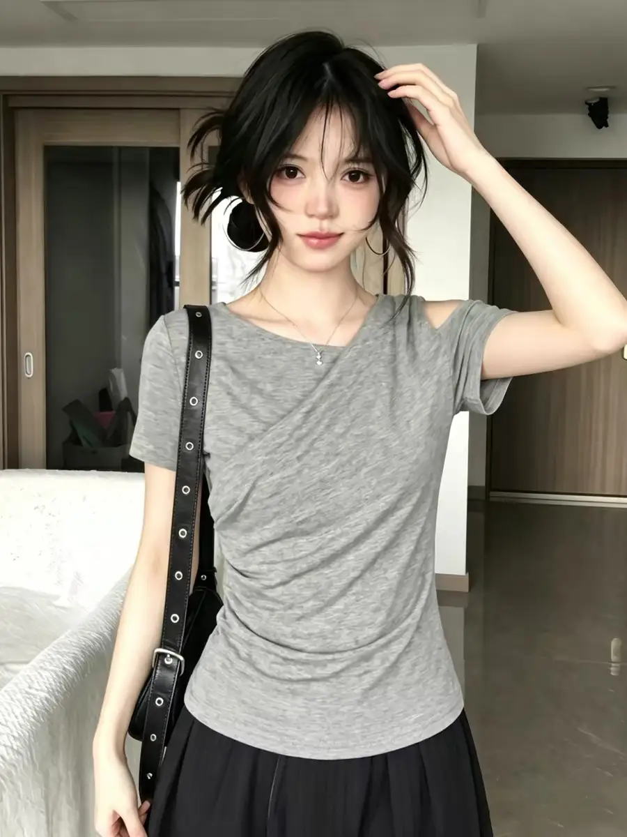 한국인기 그레이 원숄더 허리셔링 반소매 티셔츠