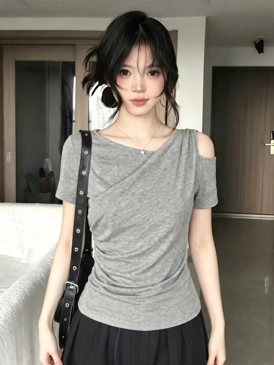 한국인기 그레이 원숄더 허리셔링 반소매 티셔츠 상세 이미지 3