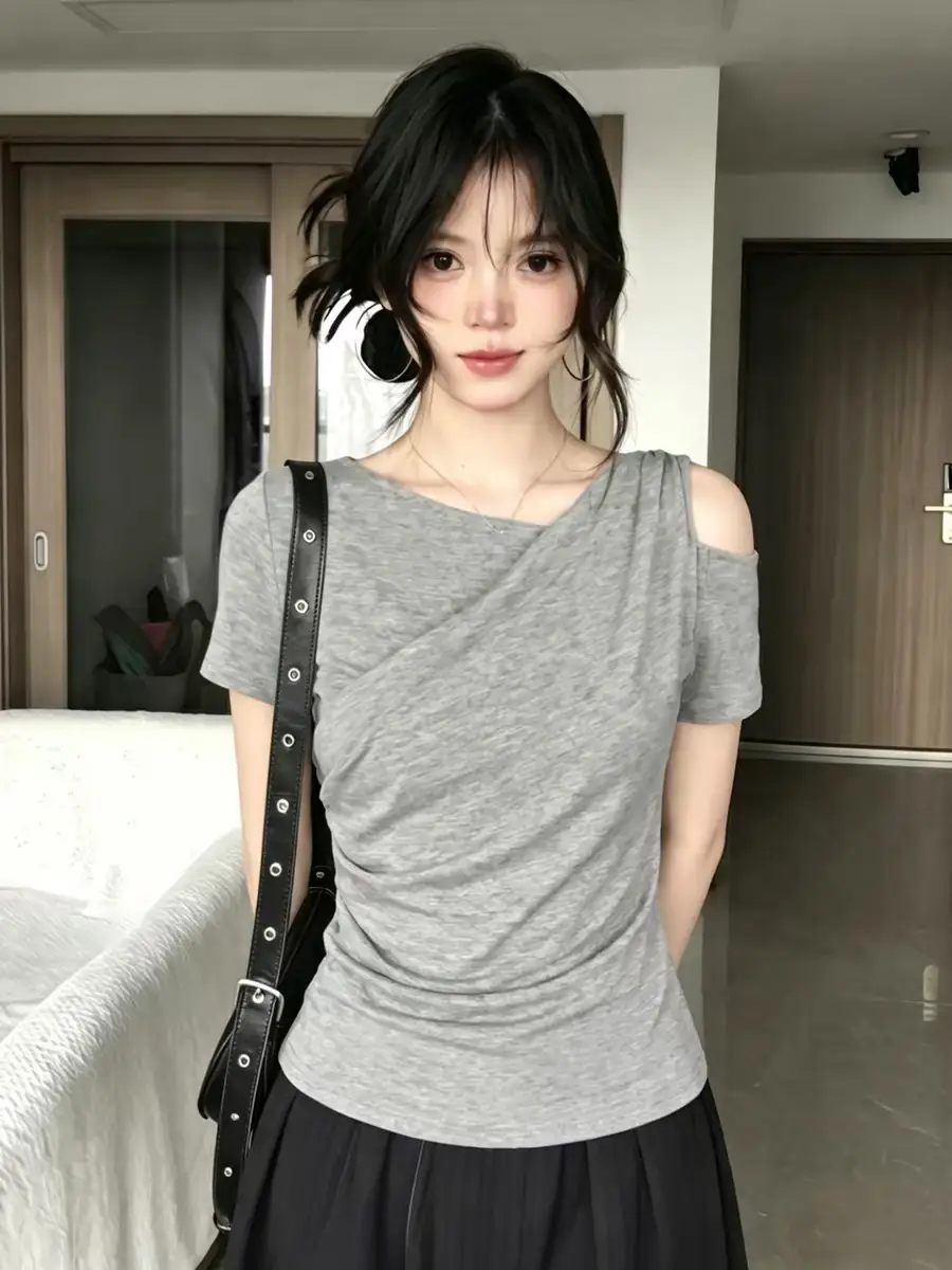 한국인기 그레이 원숄더 허리셔링 반소매 티셔츠 상세 이미지 4