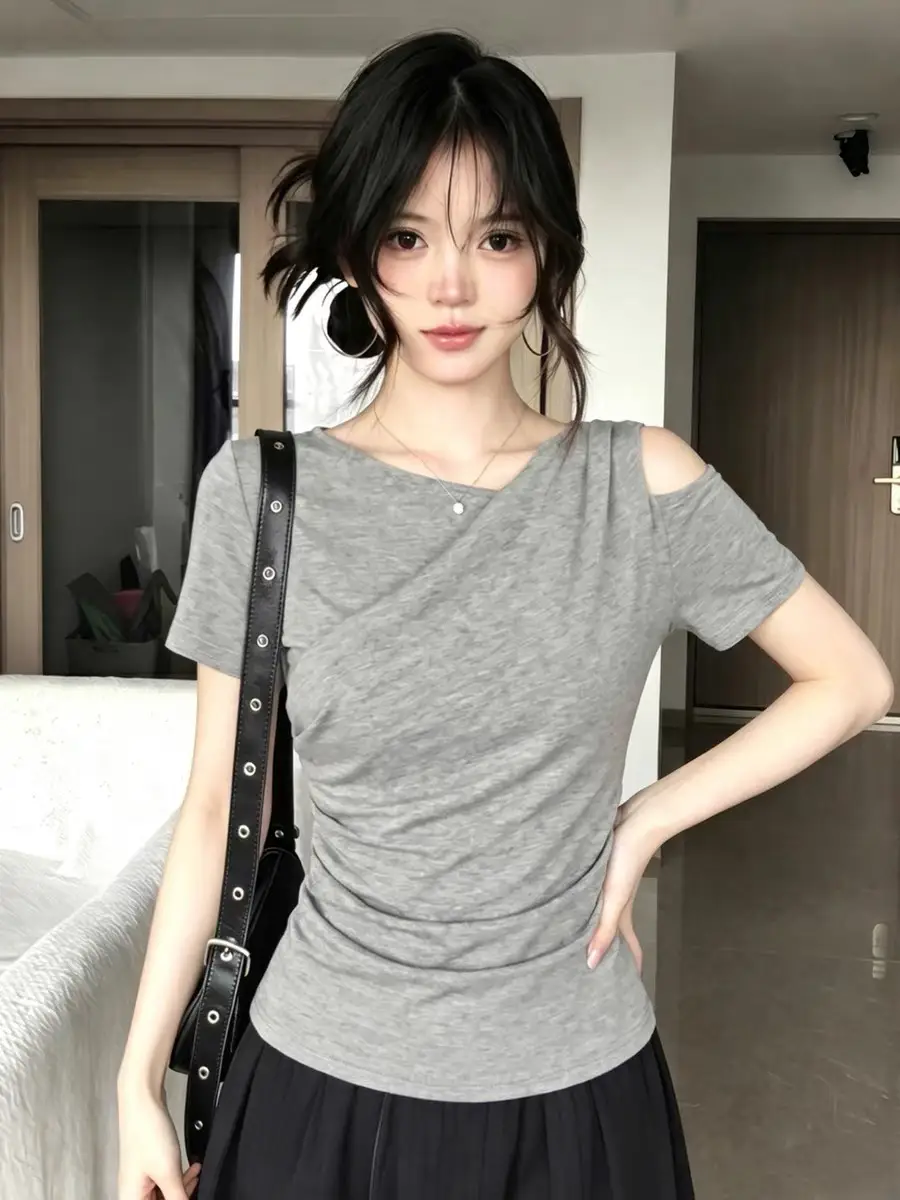 한국인기 그레이 원숄더 허리셔링 반소매 티셔츠 상세 이미지 6