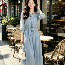 批发<b class='q'>绣花</b>雪纺<b class='q'>连衣裙</b>子女士装夏季2026新款收腰小个子气质七分袖中长裙