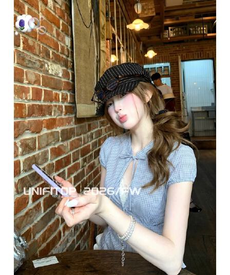 unifitop 레트로 체크무늬 나비 넥타이 홀로우 아웃 허리 수축 여성 셔츠 여름 한 부서 몸매 가꾸기 슬림해 보이는 맨위