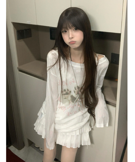 아메리칸 느긋한 바람 비스듬한 어깨 펌프 로프 긴팔 여성 여름 오프숄더 개 클로 프린트 루즈핏 자외선 차단 블라우스 마이크로 ~을 통해 의류