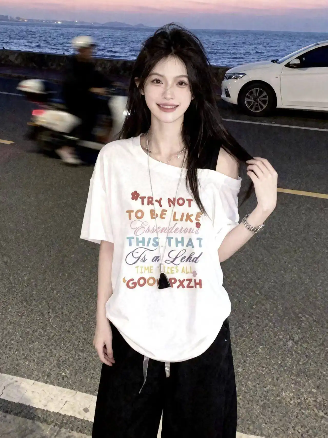 프린팅 원숄더 반소매 티셔츠 상세 이미지 5