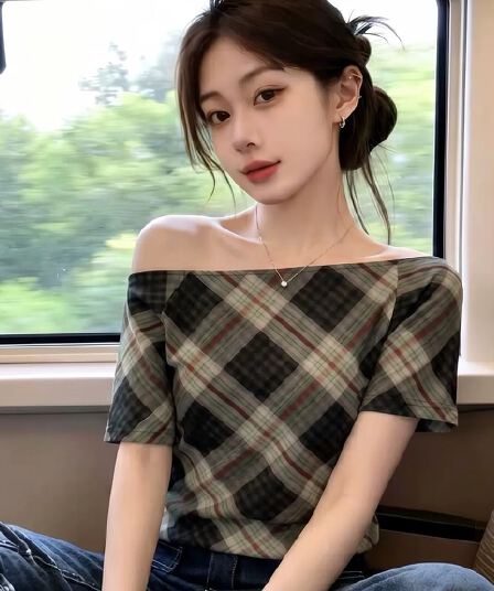 원본 원단 여름 새로운 레트로 체크무늬 오프숄더 맨위 몸매 가꾸기 허리 수축 슬림해 보이는 오프숄더 반팔 티셔츠 여성