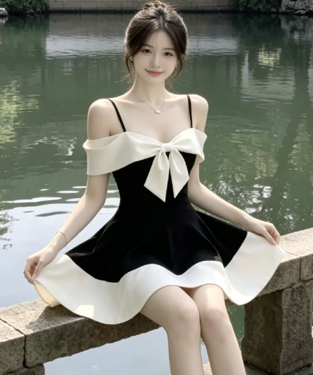 2026 년 새로운 나비 매듭 패치워크 디자인 품격 우아함 예복 치마 오프숄더 슬립 배색 드레스