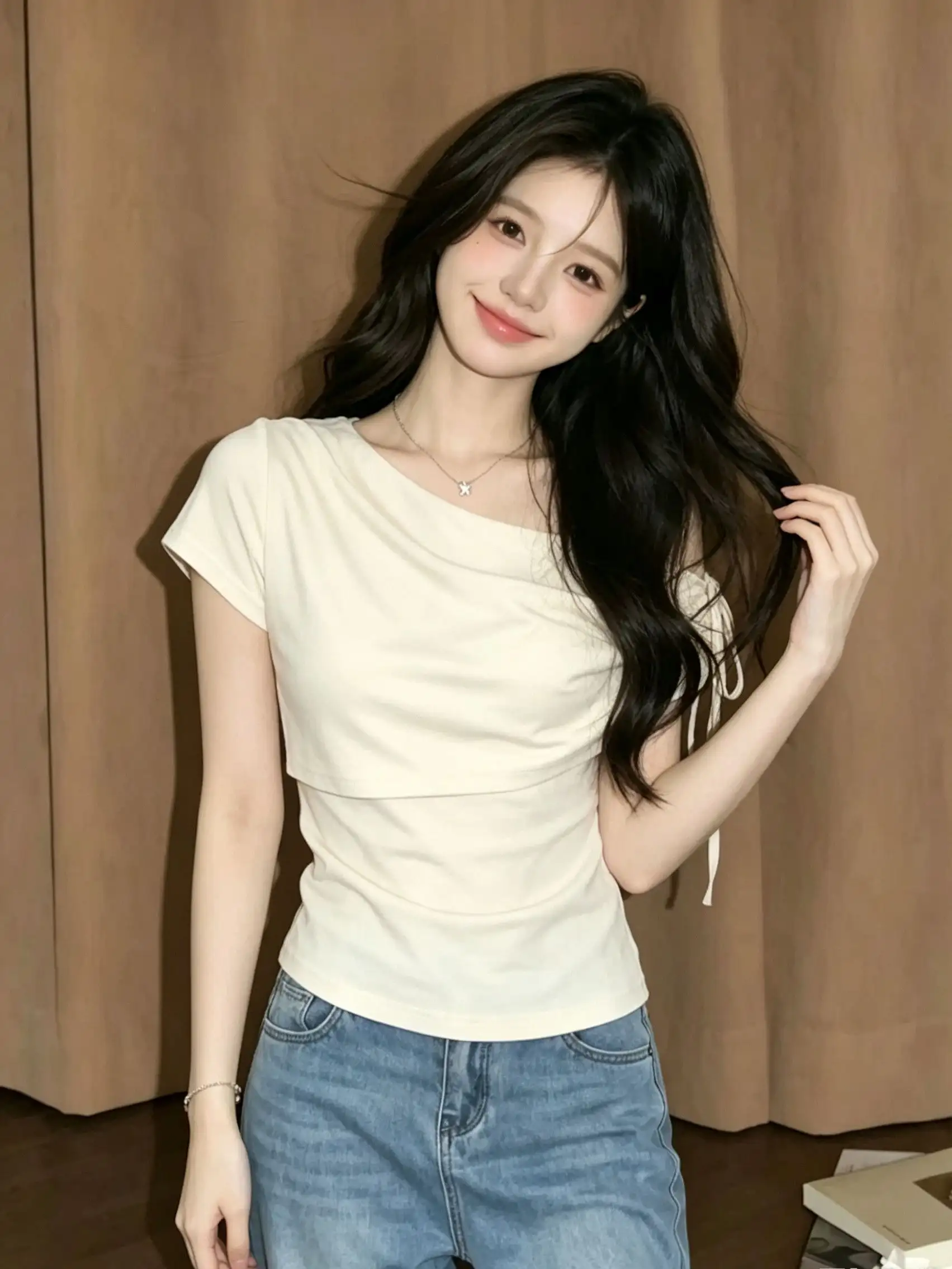 디자인감 원숄더 끈 장식 반팔 티셔츠 상세 이미지 4