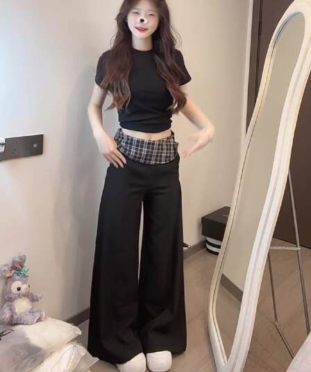 핫걸 여름 패션 2026 아메리칸 몸매 가꾸기 반팔 맨위 패치워크 체크무늬 와이드 레그 팬츠 투피스 세트