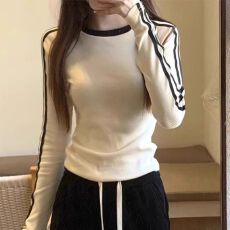 批发40支1*1<b class='q'>纯棉</b>210克 弹力修身长袖t恤女秋冬新款撞色磨毛上衣<b class='q'>打底衫</b>