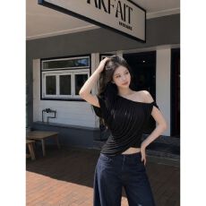 天丝超薄罗纹夏季女斜肩褶皱假两件T恤修身设计感百搭上衣