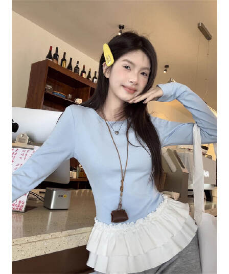 40 차가운 실크 차가운 면 1 1 구덩이 기사 2026 봄 새로운 파란색 패치워크 페이크 레이어드 맨위 긴팔 티셔츠 여성