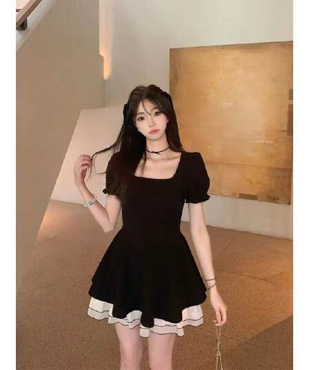 지퍼 네리 2026 새로운 검정색 광장 칼라 거품 소매 드레스 아이들 여름 허리 수축 공주 롱 스커트