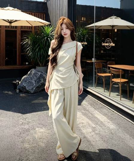 패션 세트 여성 여름 새로운 비스듬한 어깨 펌프 Pleat 리본 슬림해 보이는 맨위 하이웨이스트 와이드 레그 팬츠 투피스 세트