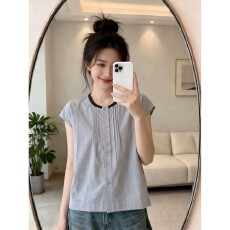 批发韩系休闲撞色领边风琴褶小飞袖衬衣女夏大码<b class='q'>胖</b><b class='q'>MM</b>透气百搭藏肉小衫