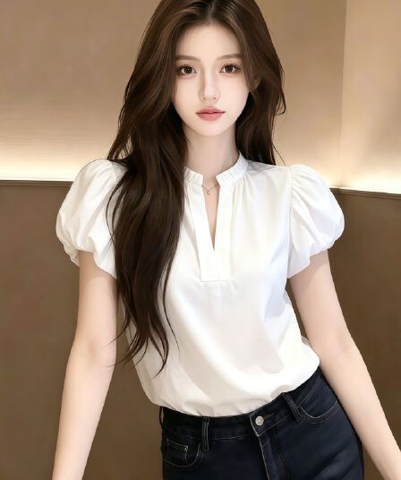 슈퍼 화재 연령 감소 V넥 흰 셔츠 여자 2026 새로운 여름 고유 한 아름다운 작은 셔츠 디자인 센스 맨위 여성