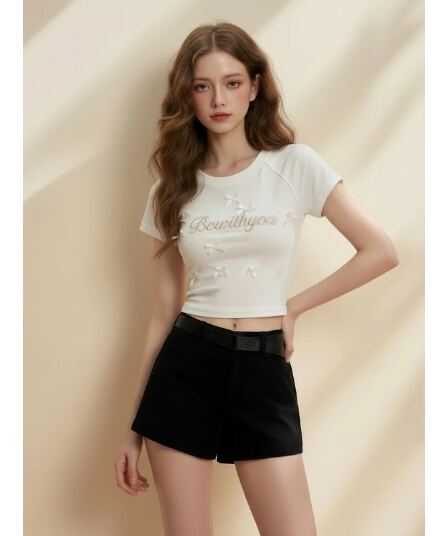 원본 주간 고양이 품질 화이트 긍정적 인 어깨 반팔 티셔츠 여성 여름 달콤함 나비 매듭 라운드 넥 맨위 한국 대외 무역