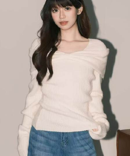 프랑스식 부드러운 쌀 화이트 부드러운 찹쌀 스웨터 니트 스웨터 여성 순수한 욕망 ins 나비 매듭 오프숄더 맨위 한국 대외 무역