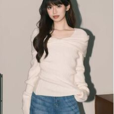 批发法式温柔米白软糯毛衣针织衫女纯欲ins蝴蝶结一字肩<b class='q'>上衣</b><b class='q'>韩国</b>外贸