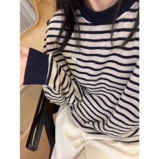 批发65米妮复合牛奶丝380克特大码300斤复古条纹卫衣女<b class='q'>韩国</b>外贸跨境爆
