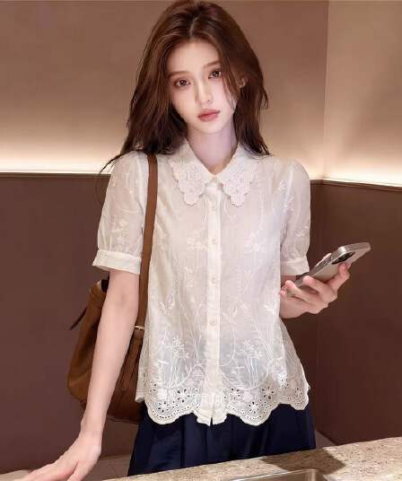 홀로우 아웃 자수 레이스 POLO 칼라 반팔 여성 셔츠 여름 한 부서 달콤함 고급 센스 빛 럭셔리 연령 감소 외국 가스 셔츠