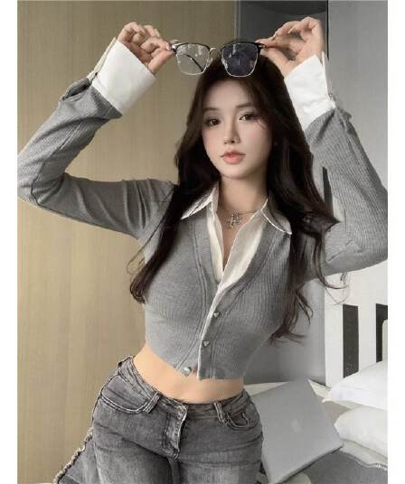 페이크 레이어드 POLO 칼라 여성 셔츠 봄 가을 겨울 디자인 센스 Chic 몸매 가꾸기 슬림해 보이는 맨위 한국 대외 무역 국경 간
