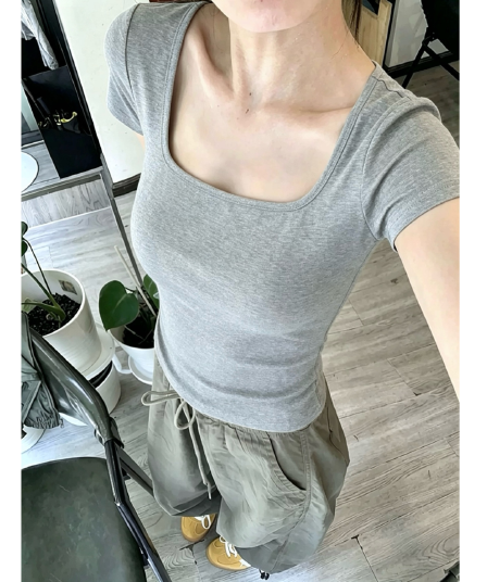 긍정적 인 어깨 u 칼라 회색 반팔 티셔츠 여성 2026 새로운 여름 아메리칸 핫걸 타이트 몸매 가꾸기 허리 수축 인사이드 잡아라. 의류
