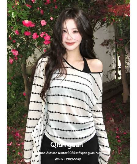 원본 컬러 짜임 스트라이프 비스듬한 어깨 긴팔 여성 여름 홀로우 아웃 자외선 차단 블라우스 루즈핏 오프숄더 맨위 투피스 세트