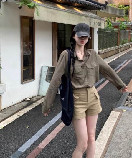 레트로 느긋한 바람 긴팔 POLO 칼라 여성 셔츠 봄 가을 루즈핏 슬림해 보이는 오픈 가디건 셔츠 군용 녹색 다용도 맨위