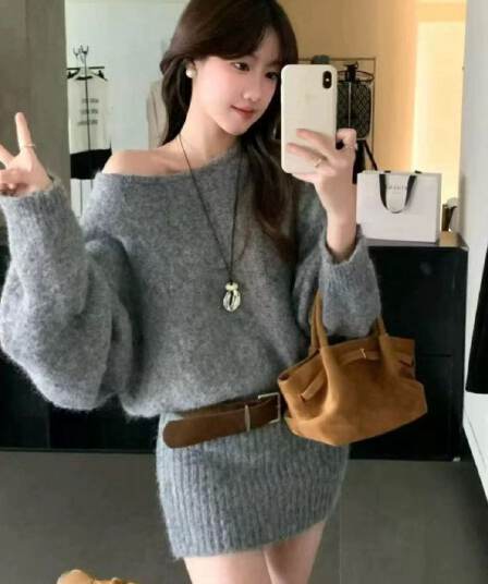 가을 겨울 오프숄더 스웨터 여자 루즈핏 느긋한 바람 니트 스웨터 맨위 다용도 단색 스웨터 드레스 한 싱글 대외 무역