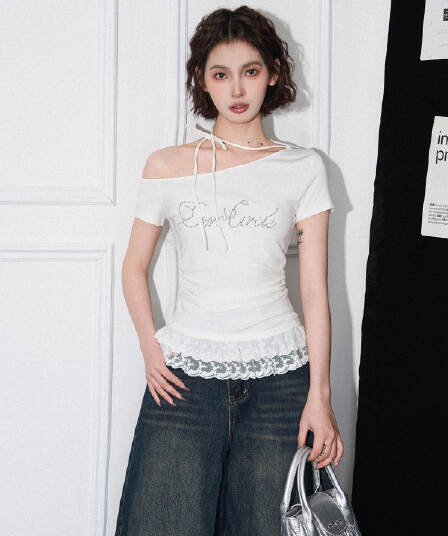 260 그램 1 1 인 면 화이트 페이크 레이어드 레이스 비스듬한 어깨 반팔 티셔츠 여름 오프숄더 핫걸 맨위