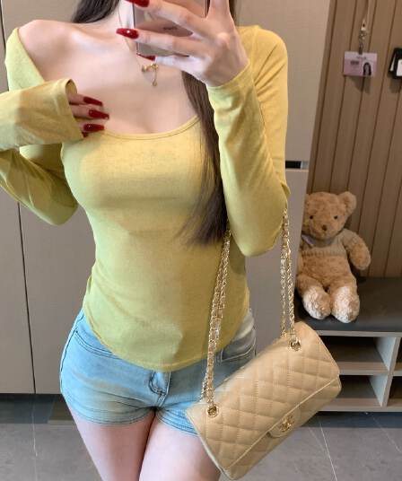 대나무 마디 리브 순수한 욕망 바람 u 칼라 얇은 스타일 자외선 차단 기본 셔츠 긴팔 티셔츠 여성 여름 새로운 허리 수축 타이트 맨위