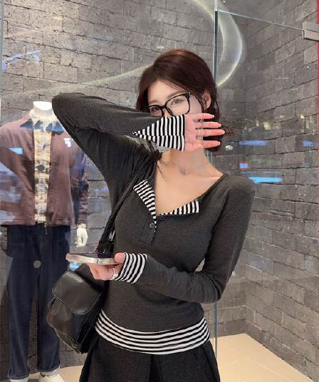 사람들 면 260 그램 원본 품질 디자인 센스 핫걸 스트라이프 패치워크 티셔츠 여성 의류 가을 패치워크 반 개방 칼라