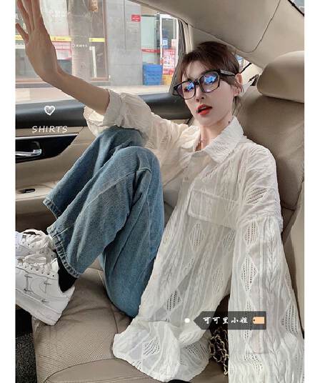 원본 품질 태양 보호 셔츠 여성 코트 봄 가을 새로운 홀로우 아웃 디자인 센스 루즈핏 중간 길이 셔츠 트렌디 의류