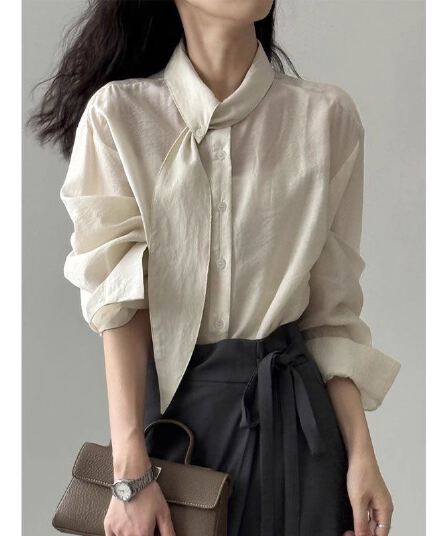 한 부서 스카프 칼라 긴팔 여성 셔츠 가을 디자인 작은 대중 긴팔 맨위 루즈핏 출퇴근 프랑스식 사소한 작은 셔츠