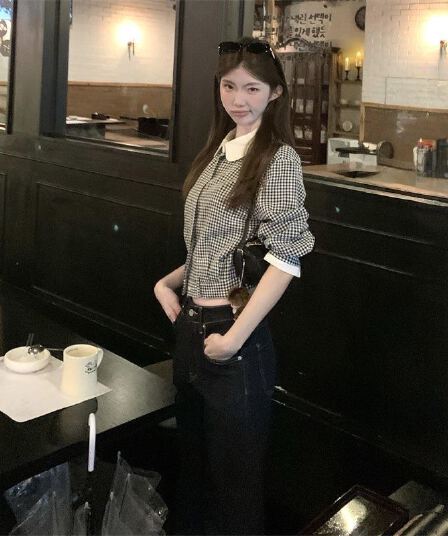한 부서 레트로 인형 격자 무늬 셔츠 가을 새로운 쇼트 스타일 맨위 몸매 가꾸기 슬림해 보이는 오픈 가디건 외출용 재킷
