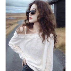 批发减龄单穿上衣t恤女2026新款韩系白色荷叶边斜肩长袖小众宽松