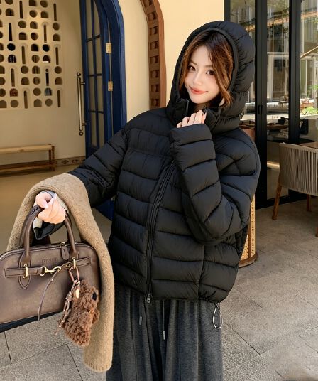 실사 작은 키 얇고 가벼운 갈비 살 다운 재킷 여성 후드 쇼트 스타일 한국 스타일 보온 면 의류 재킷 루즈핏 면 의류