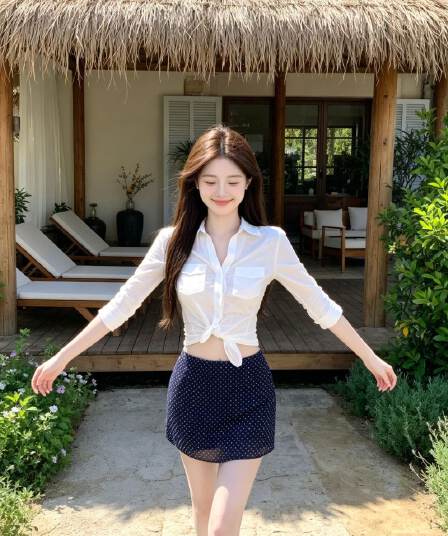 순면 대나무 마디 한 부서 폴로 칼라 허리 수축 5 점 소매 셔츠 도트 무늬 배색 한 마디 반신 스커트 여름 두 조각 여성 세트